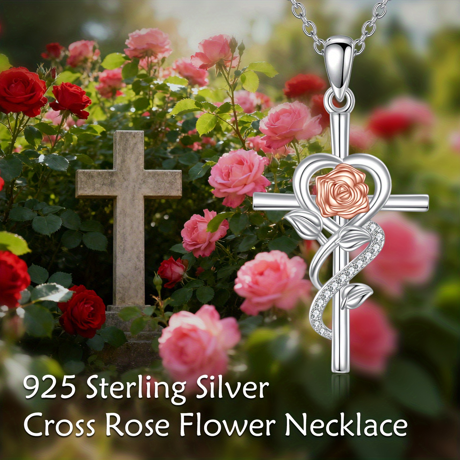 Cross Rose Flower Necklace, S925 Sterling Silver Gift